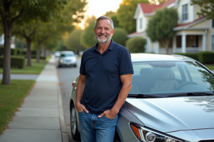 Homme confiant en voiture sedan dans un quartier résidentiel