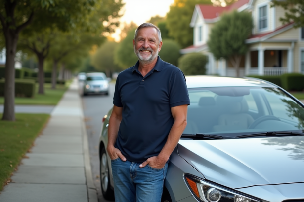 Homme confiant en voiture sedan dans un quartier résidentiel