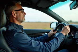 Homme détendu conduisant une voiture moderne sur l'autoroute
