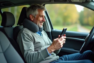 Homme d'âge moyen ajustant un coussin cervical dans une voiture