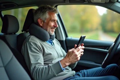 Homme d'âge moyen ajustant un coussin cervical dans une voiture