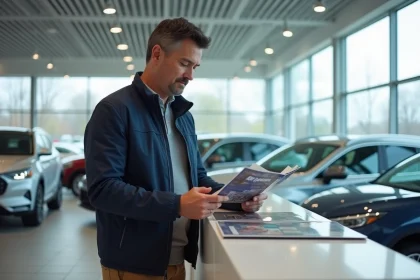 Homme d'âge moyen examinant brochures auto dans un showroom