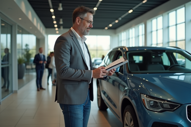 Homme d age en veste casual examine un véhicule en concession