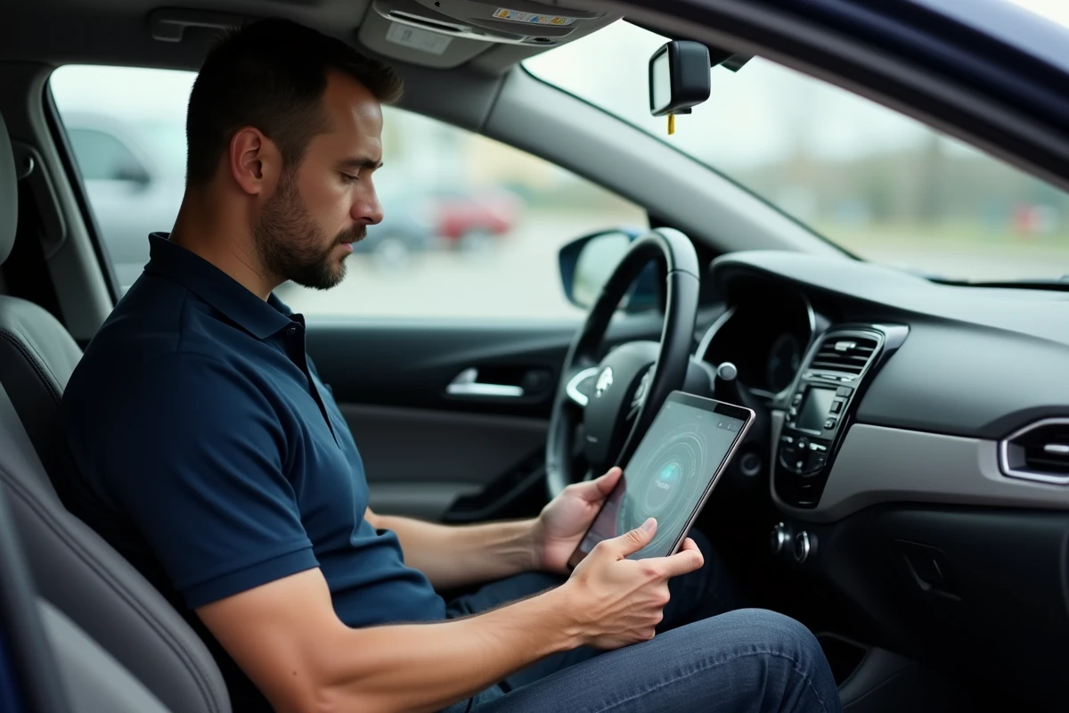 Homme analysant les données de diagnostic de sa voiture sur une tablette depuis l'habitacle