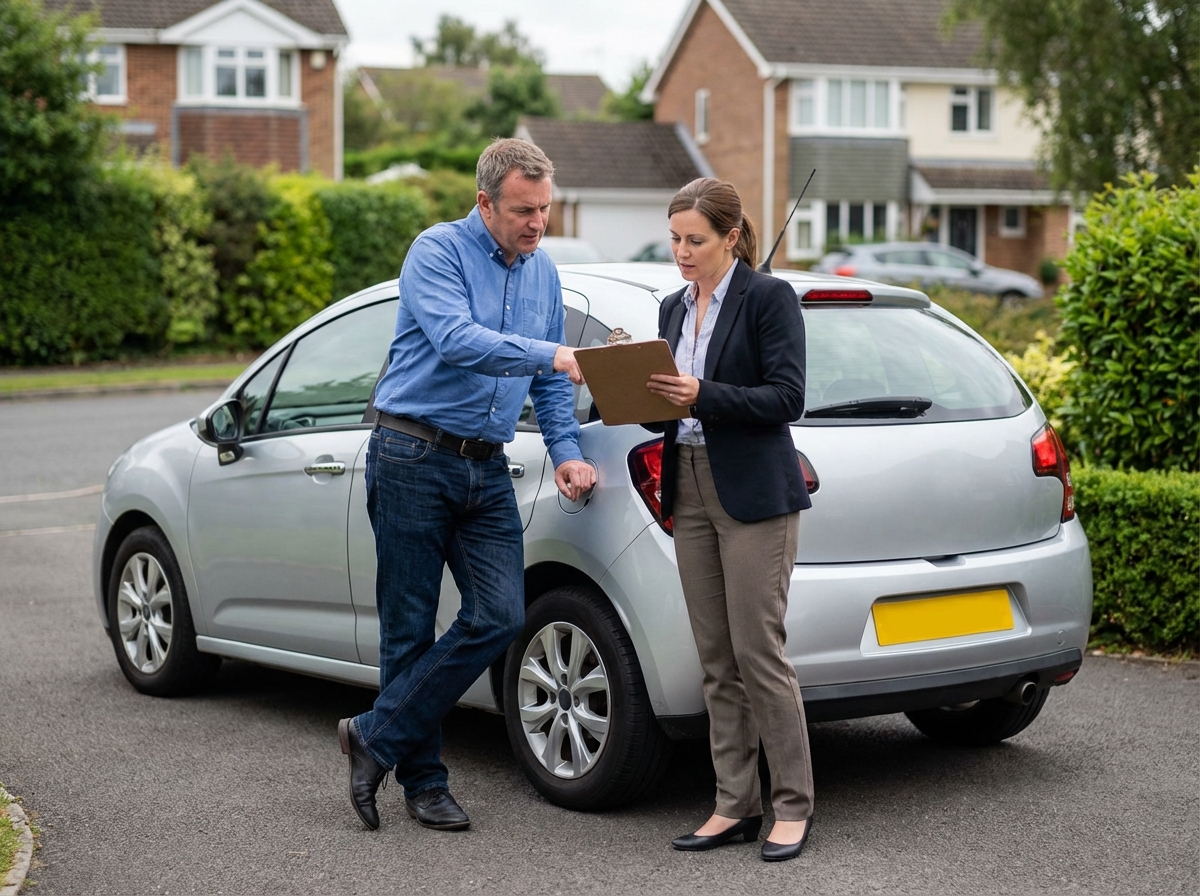 Homme d'âge moyen discutant avec un expert automobile devant sa voiture