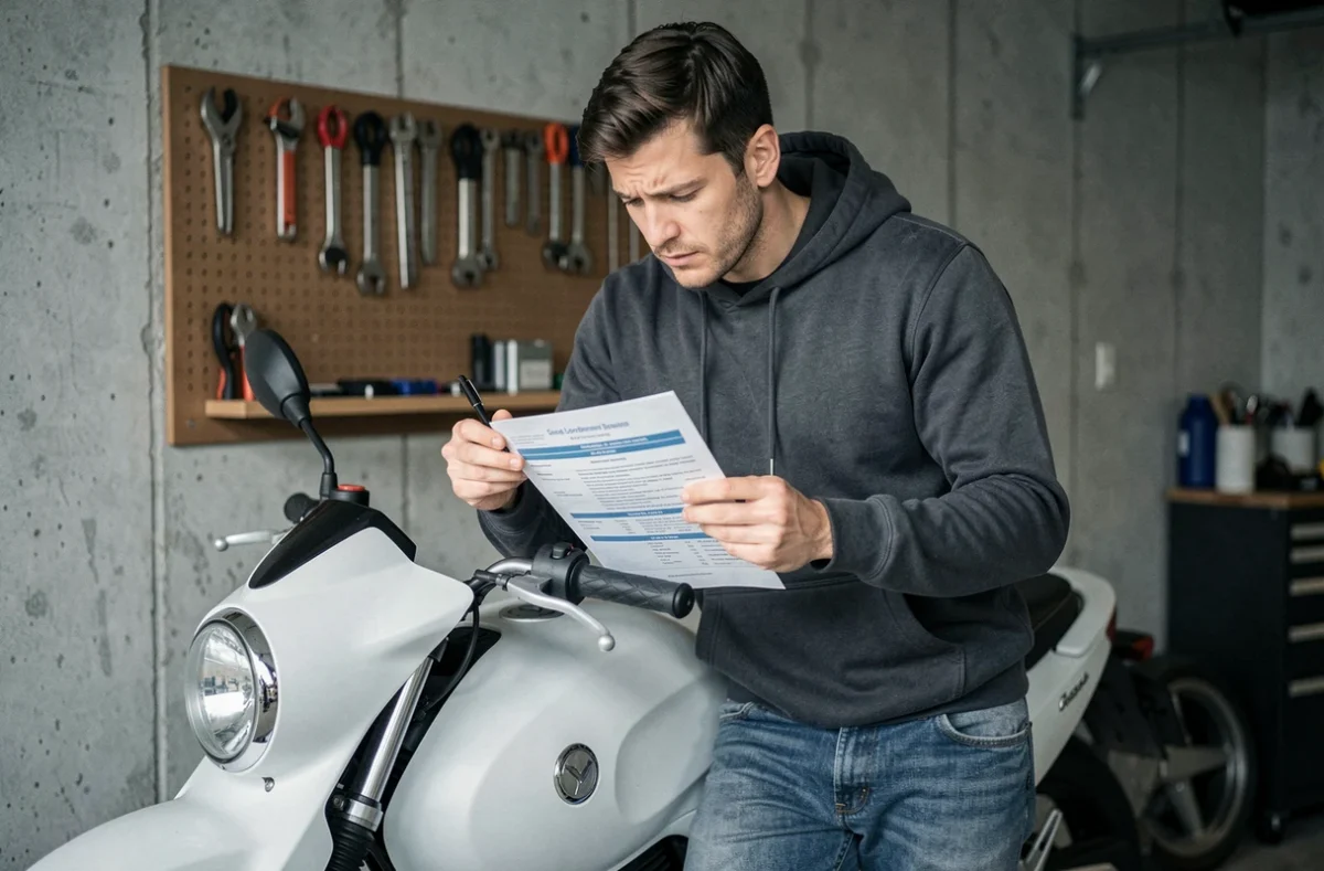 Homme consultant un document d'assurance moto appuyé contre une moto 125 électrique blanche dans un garage, concept assurance moto électrique