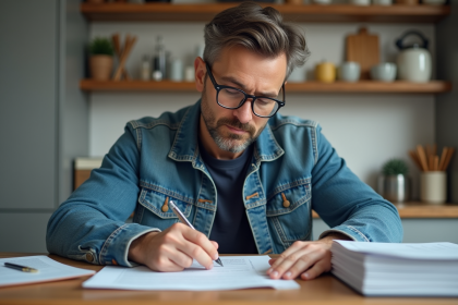 Homme en denim remplissant papier d'immatriculation dans cuisine