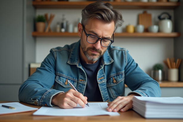 Homme en denim remplissant papier d'immatriculation dans cuisine