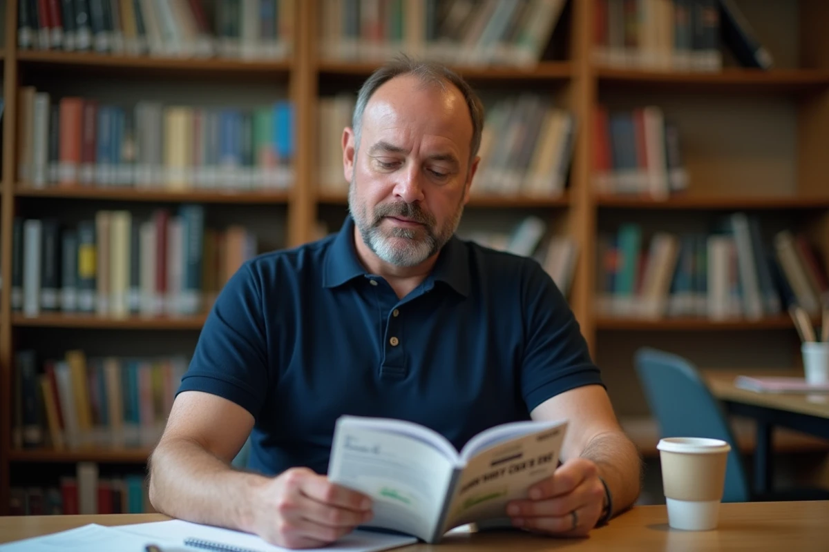 Homme étudiant le code de la route dans une bibliothèque avec un livret et des notes manuscrites
