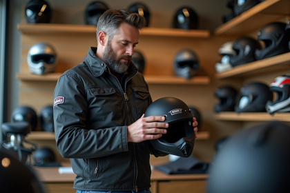 Homme d'âge moyen examinant un casque moto dans un magasin