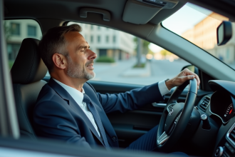Homme d'âge moyen fatigué dans sa voiture moderne