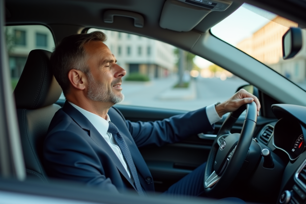 Homme d'âge moyen fatigué dans sa voiture moderne
