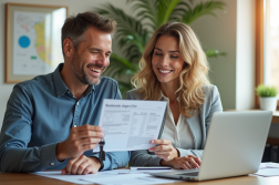 Couple souriant avec carte grise et clés voiture dans un bureau lumineux