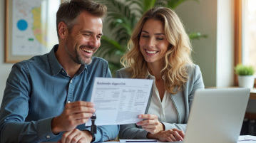 Couple souriant avec carte grise et clés voiture dans un bureau lumineux