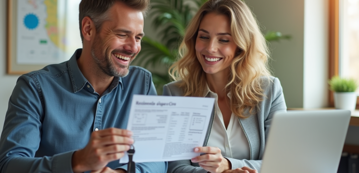 Couple souriant avec carte grise et clés voiture dans un bureau lumineux