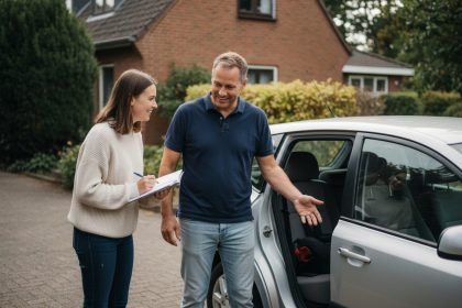 Homme et femme discutant près d'une voiture en résidence