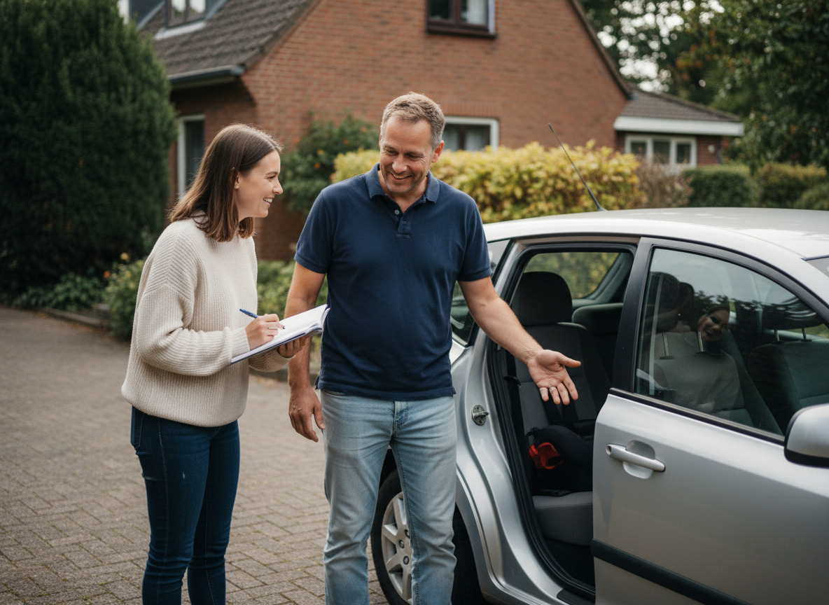 Homme et femme discutant près d'une voiture en résidence