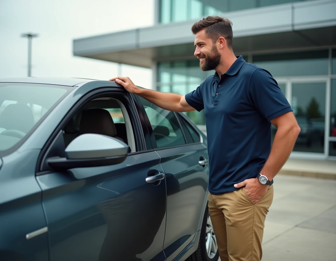Homme de grande taille comparant sa stature aux dimensions d'une berline dans un parking de concession automobile