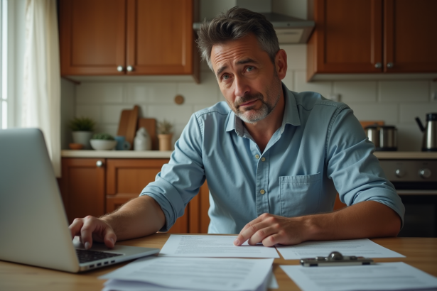 Homme inquiet avec documents d'assurance à la maison
