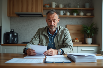 Homme inquiet en train de lire des documents dans la cuisine