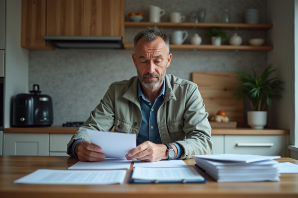 Homme inquiet en train de lire des documents dans la cuisine