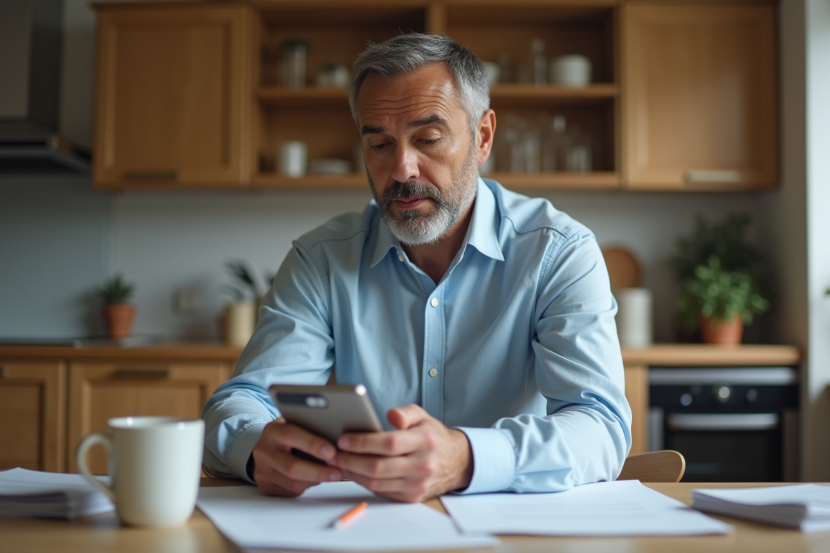 Homme d'âge moyen lisant un document dans une cuisine moderne