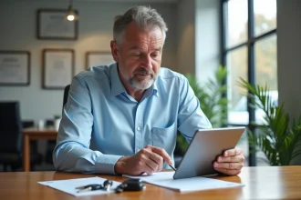Homme d'âge moyen lisant un rapport voiture dans un bureau