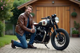 Homme en blouson vintage à côté de sa moto CB Boldor