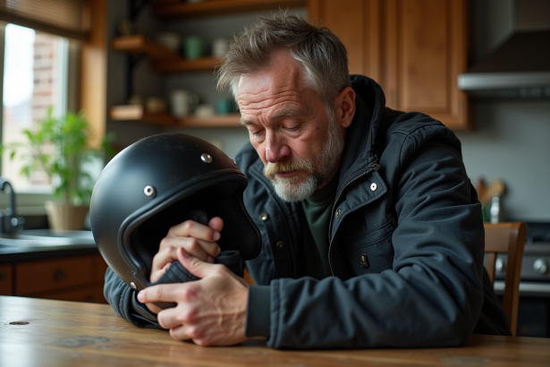 Homme d'âge moyen inspectant son casque moto mat dans la cuisine