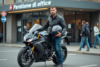 Homme avec moto et documents devant une agence française