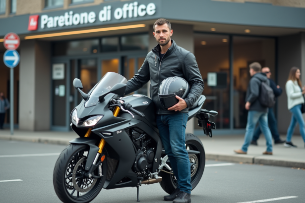 Homme avec moto et documents devant une agence française