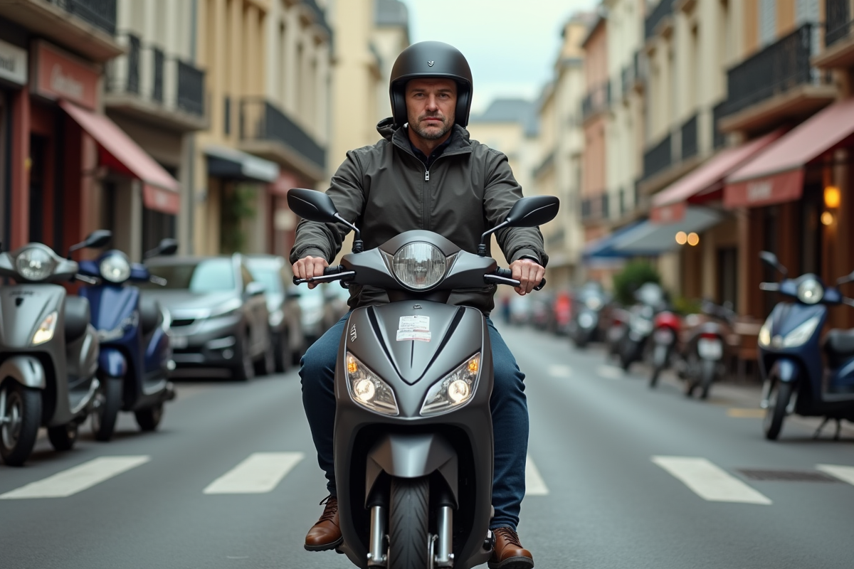Homme en moto urbaine avec scooter en arrière-plan