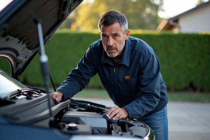 Homme d'âge moyen nettoyant un moteur diesel en extérieur