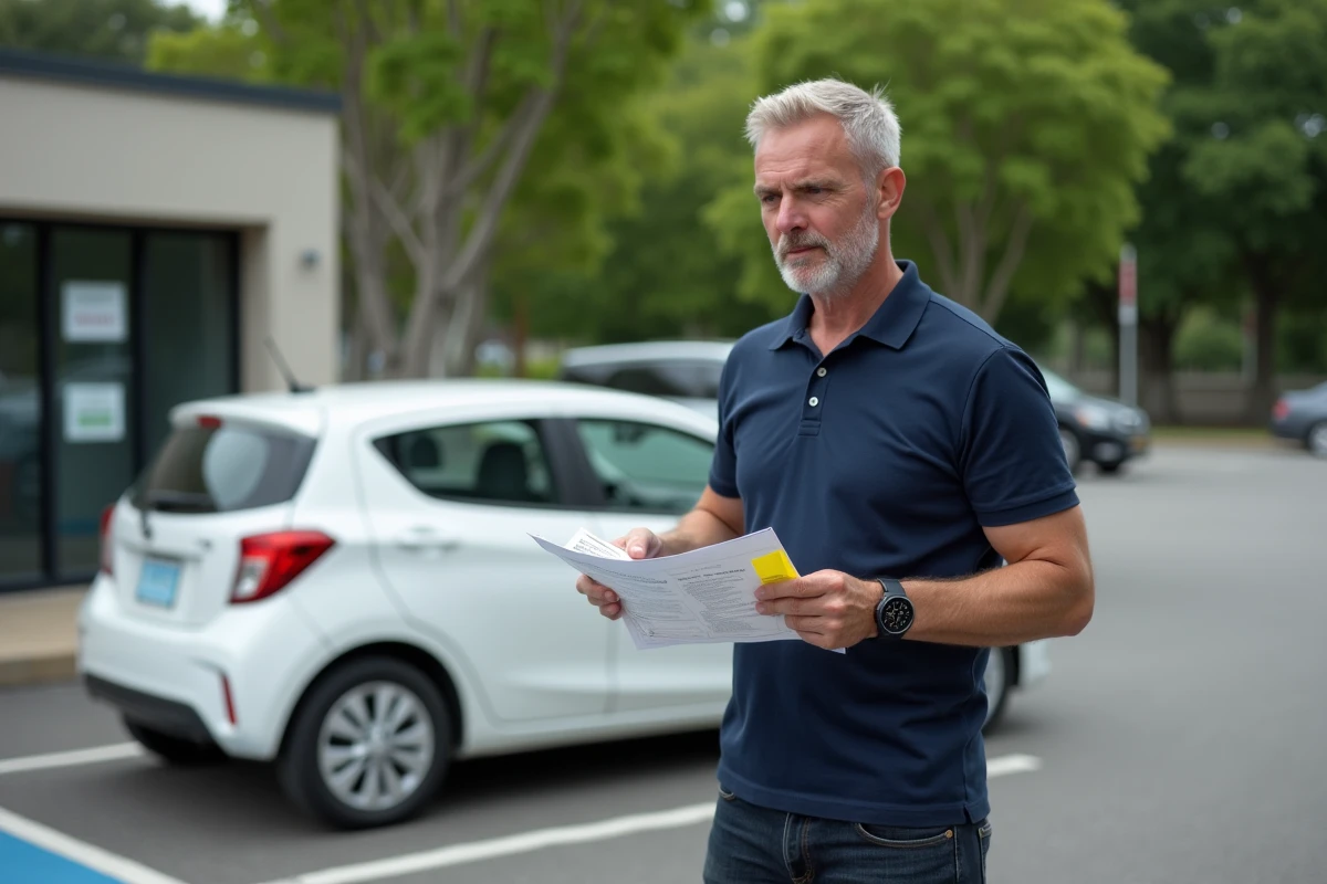 Homme consultant une notice d'instructions pour coller une vignette Crit'Air sur une voiture de location devant une agence