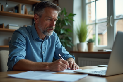 Homme en bureau remplissant papiers d'impots voiture