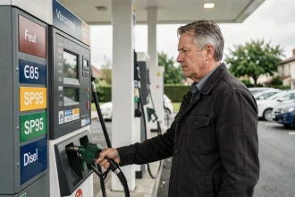 Homme faisant le plein d'une voiture à une station-service avec affichage des prix des carburants E85, SP95 et diesel
