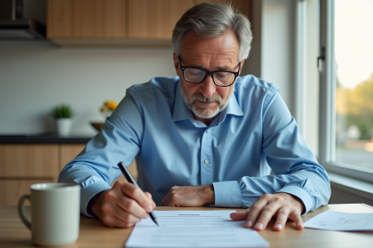 Homme d'âge moyen remplissant un contrat d'assurance auto