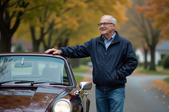 Homme d'âge moyen avec Porsche 911 en automne