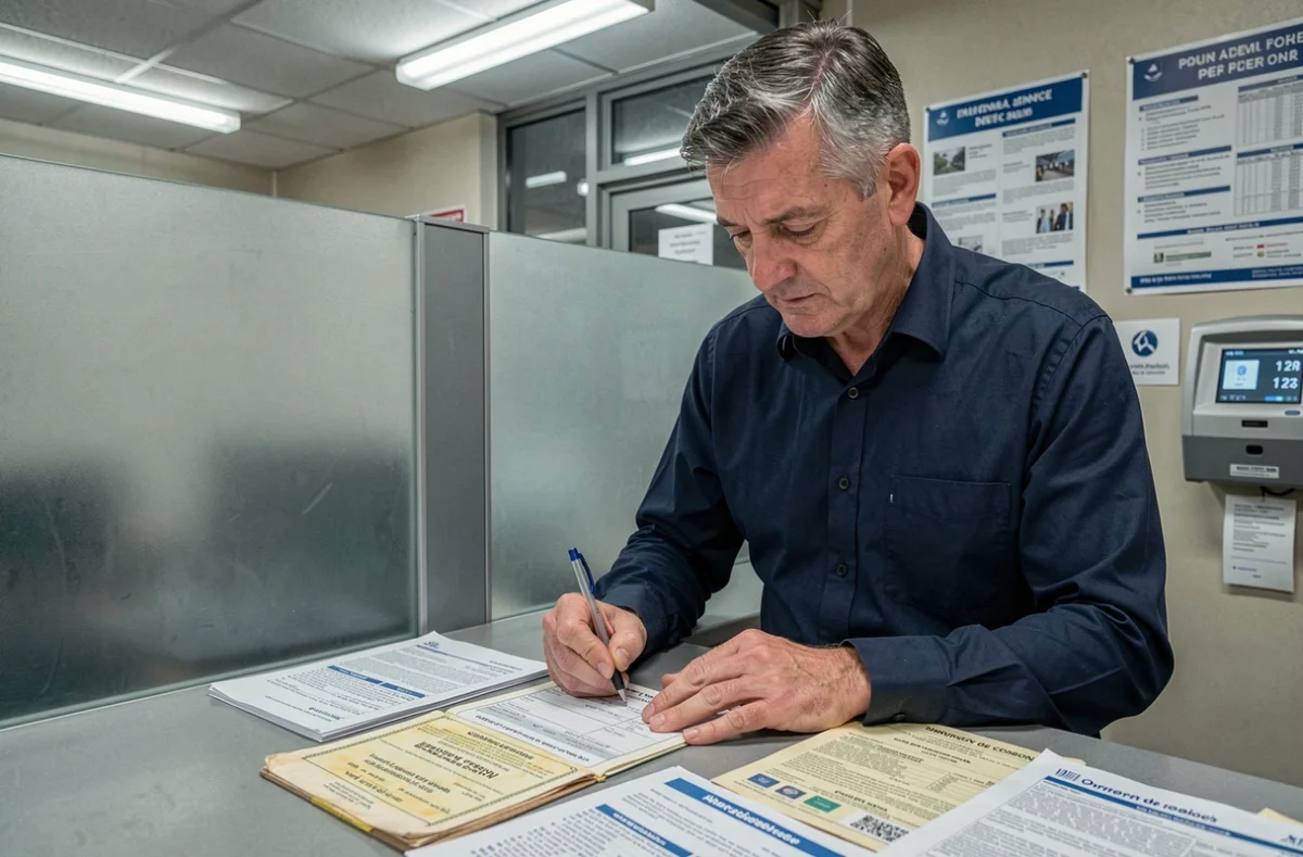 Homme remplissant un formulaire à la préfecture pour modifier le nom sur une carte grise avec un ancien certificat de cession