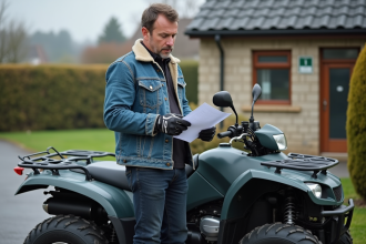 Homme confiant vérifiant documents près de quad 50cc
