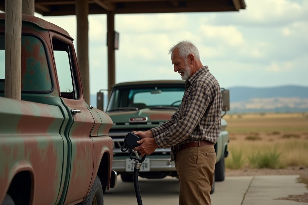 Homme âgé faisant le plein de son pickup à la campagne