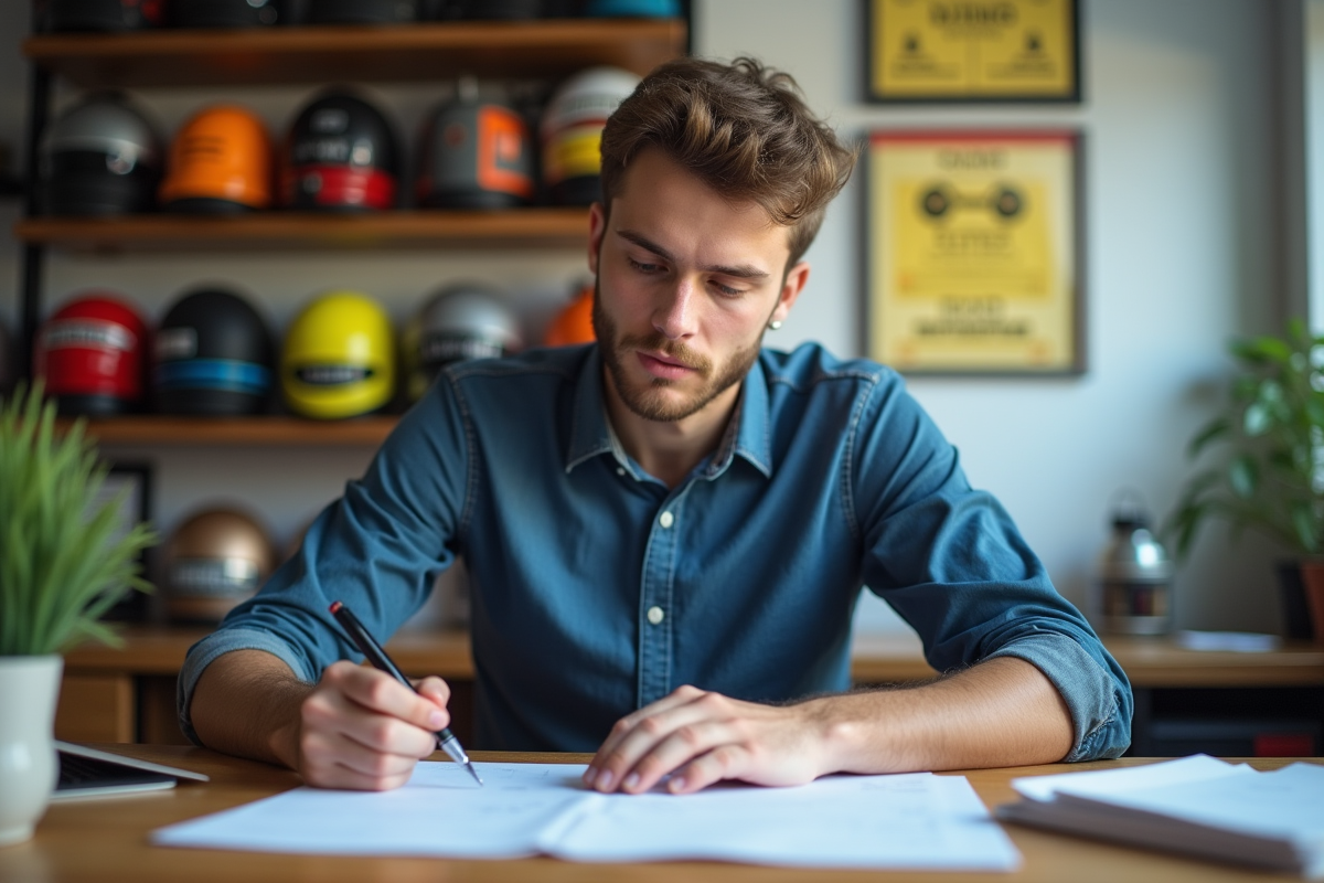 Jeune homme remplissant papier pour renouvellement permis moto