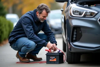 Homme en veste de travail vérifiant la batterie de voiture