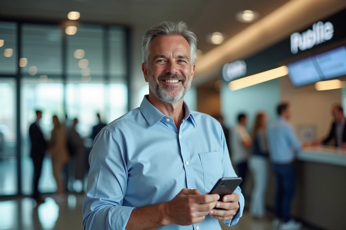 Homme souriant avec smartphone devant un comptoir public