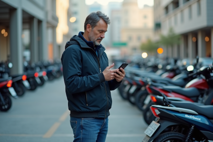 Homme d'âge moyen utilisant son smartphone dans un parking de motos