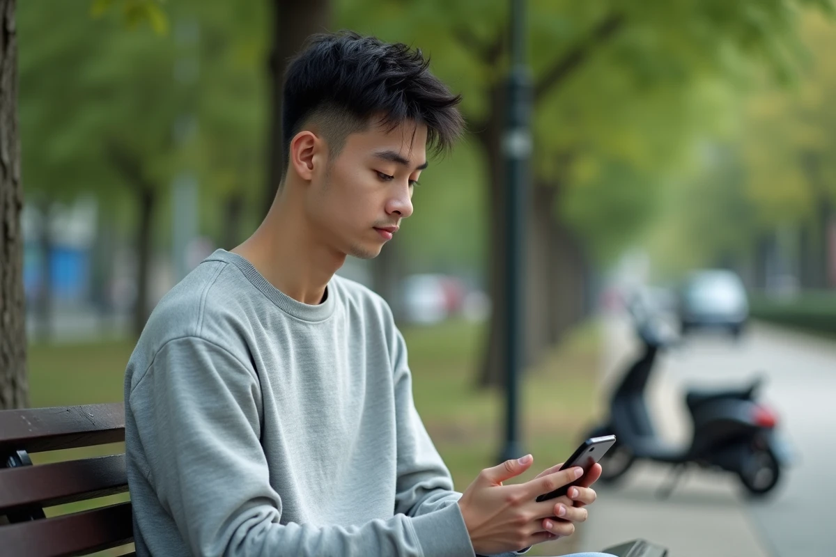Jeune homme assis sur un banc dans un parc urbain avec son smartphone