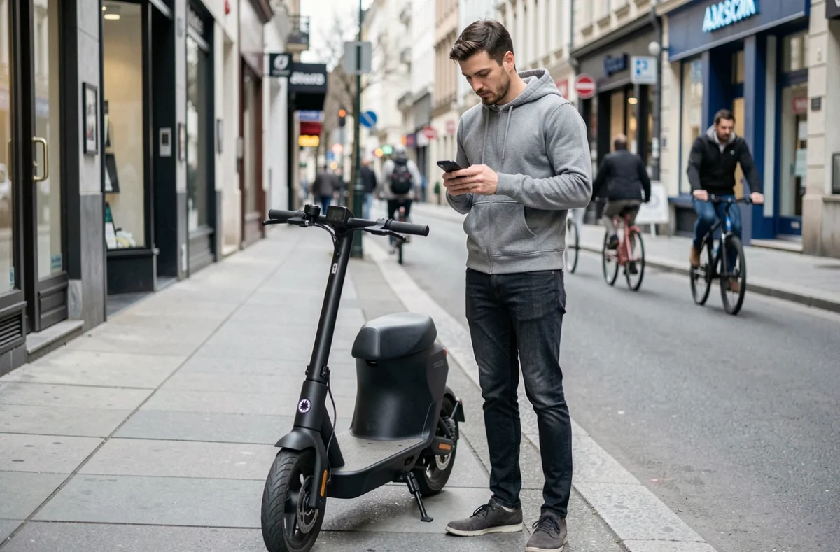 Homme consultant son smartphone pour comparer des assurances à côté de son scooter électrique en ville