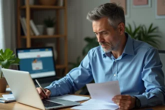 Homme d'âge moyen travaillant sur ordinateur à domicile