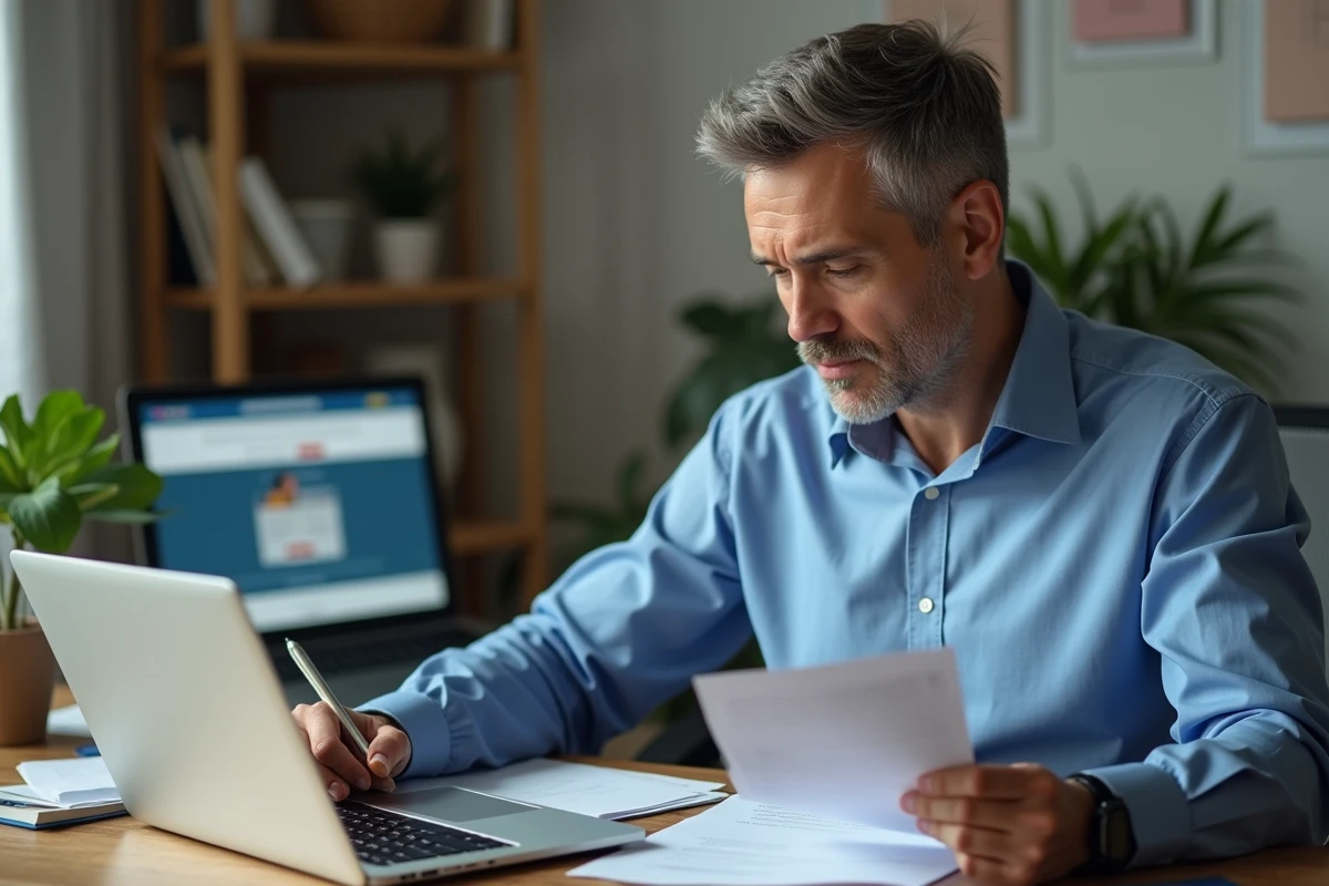 Homme d'âge moyen travaillant sur ordinateur à domicile