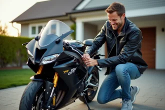 Homme souriant polissant une moto 750 GSX R